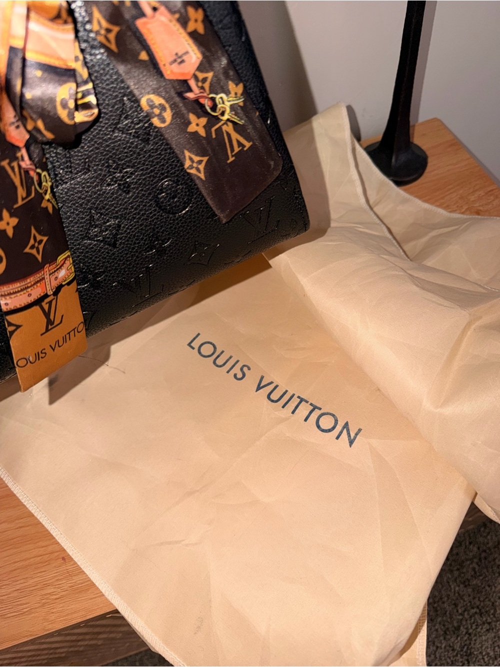 Louis Vuitton Black Monogram Embossed Leather Tote with Brown/Gold Accent Scarf